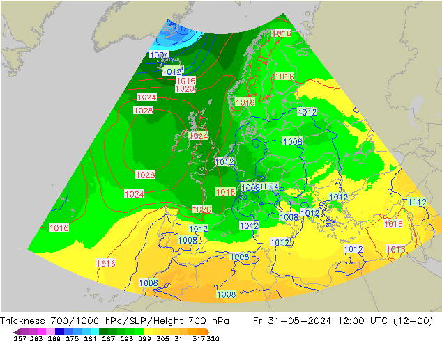 Thck 700-1000 гПа UK-Global пт 31.05.2024 12 UTC