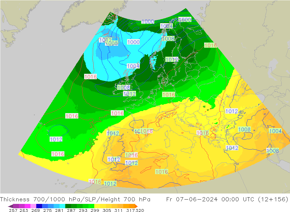 Espesor 700-1000 hPa UK-Global vie 07.06.2024 00 UTC