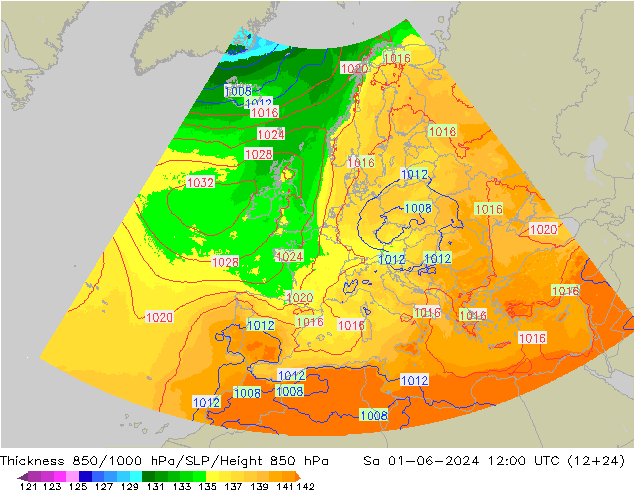 Schichtdicke 850-1000 hPa UK-Global Sa 01.06.2024 12 UTC