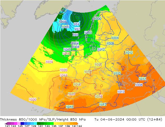 Thck 850-1000 hPa UK-Global  04.06.2024 00 UTC