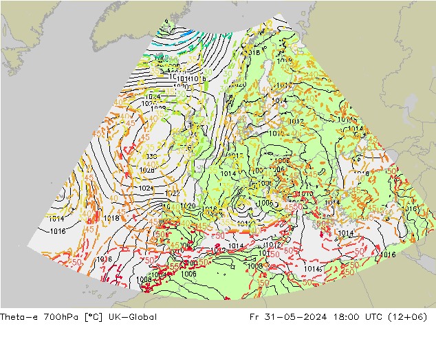 Theta-e 700hPa UK-Global Fr 31.05.2024 18 UTC
