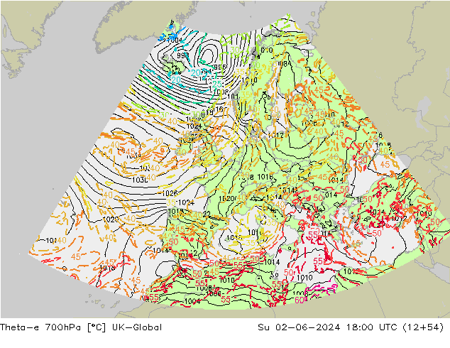 Theta-e 700hPa UK-Global Su 02.06.2024 18 UTC