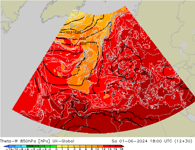 Theta-W 850hPa UK-Global za 01.06.2024 18 UTC