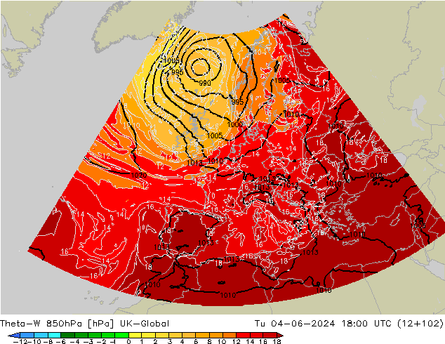 Theta-W 850гПа UK-Global вт 04.06.2024 18 UTC