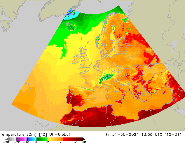 Temperatuurkaart (2m) UK-Global vr 31.05.2024 13 UTC