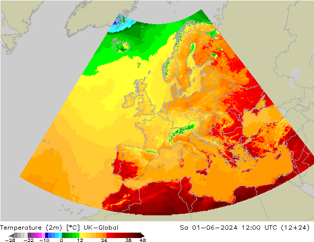 température (2m) UK-Global sam 01.06.2024 12 UTC