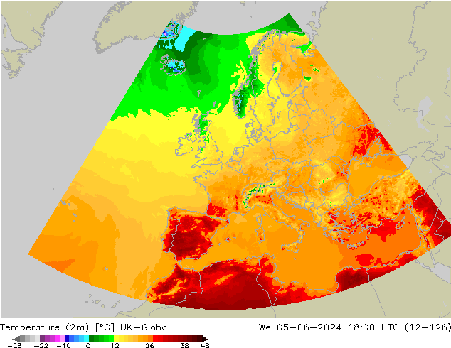 Temperatura (2m) UK-Global mié 05.06.2024 18 UTC