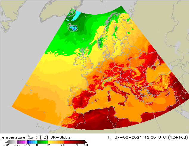 Temperature (2m) UK-Global Pá 07.06.2024 12 UTC