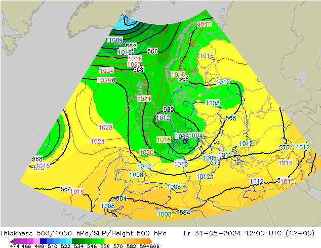 Thck 500-1000hPa UK-Global Fr 31.05.2024 12 UTC