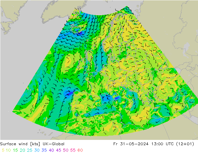 Vent 10 m UK-Global ven 31.05.2024 13 UTC