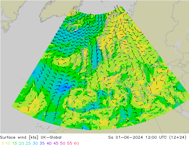 Viento 10 m UK-Global sáb 01.06.2024 12 UTC