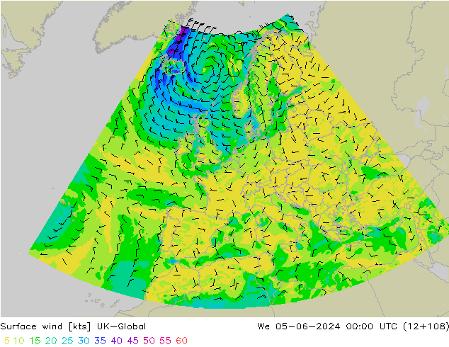 Surface wind UK-Global We 05.06.2024 00 UTC