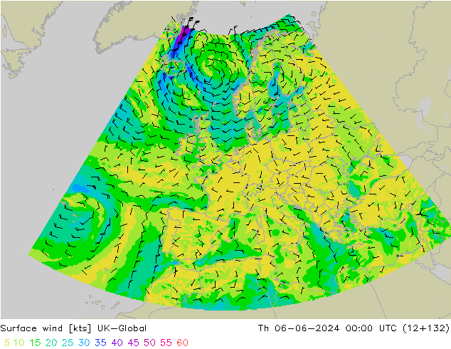 Vento 10 m UK-Global gio 06.06.2024 00 UTC