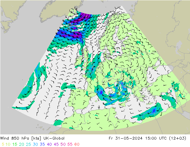 Wind 850 hPa UK-Global Fr 31.05.2024 15 UTC