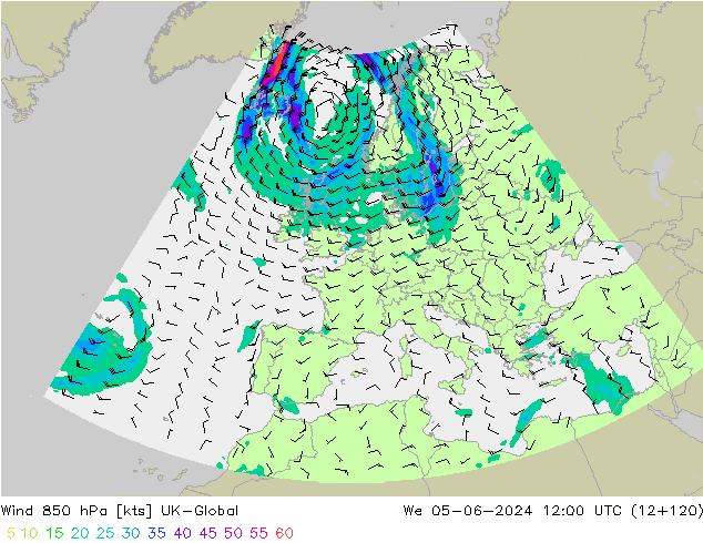 Wind 850 hPa UK-Global wo 05.06.2024 12 UTC