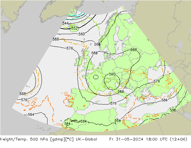 Height/Temp. 500 hPa UK-Global Fr 31.05.2024 18 UTC