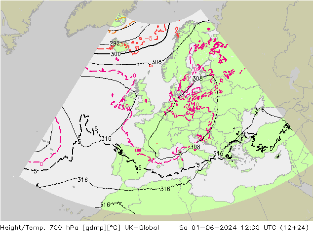Height/Temp. 700 hPa UK-Global Sa 01.06.2024 12 UTC