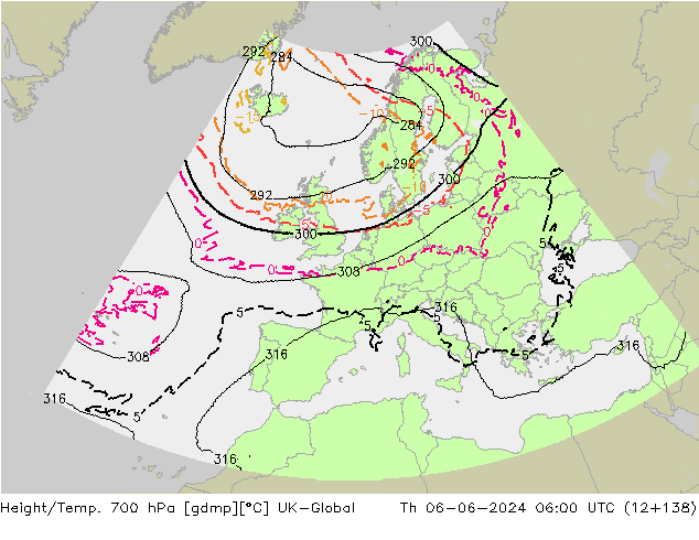 Height/Temp. 700 hPa UK-Global Th 06.06.2024 06 UTC