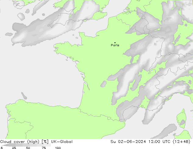 Cloud cover (high) UK-Global Su 02.06.2024 12 UTC