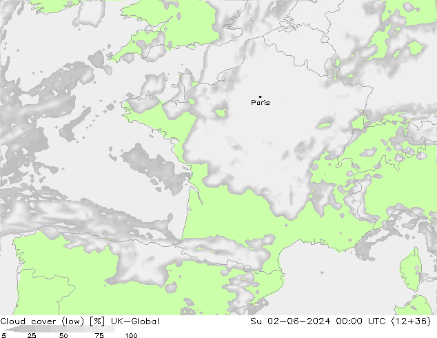 Cloud cover (low) UK-Global Su 02.06.2024 00 UTC