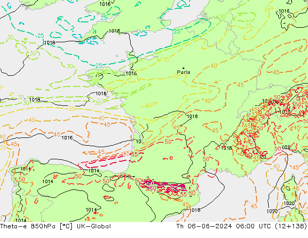Theta-e 850hPa UK-Global Th 06.06.2024 06 UTC