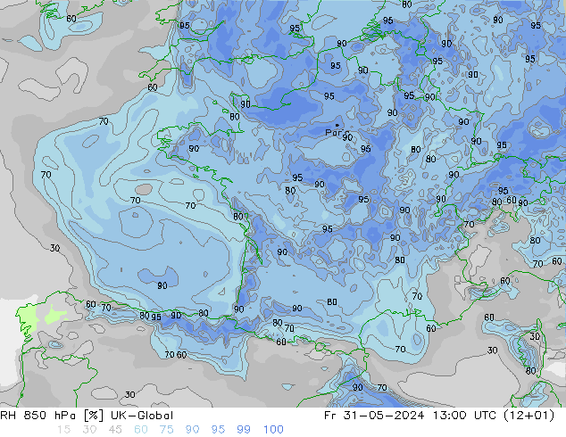 RH 850 hPa UK-Global Fr 31.05.2024 13 UTC