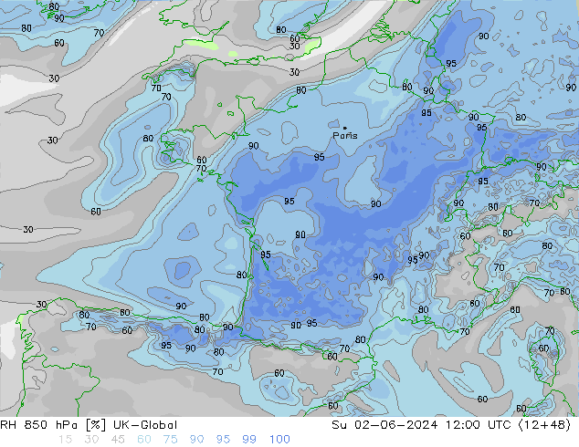 RH 850 hPa UK-Global So 02.06.2024 12 UTC