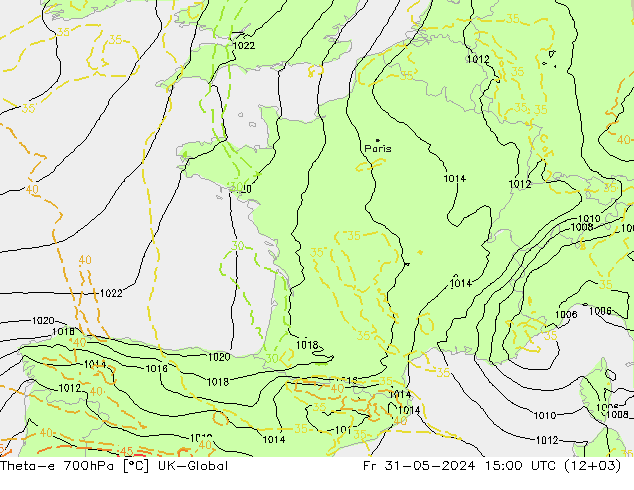 Theta-e 700hPa UK-Global Fr 31.05.2024 15 UTC