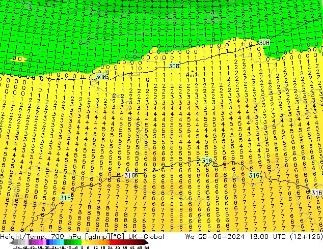 Height/Temp. 700 hPa UK-Global We 05.06.2024 18 UTC