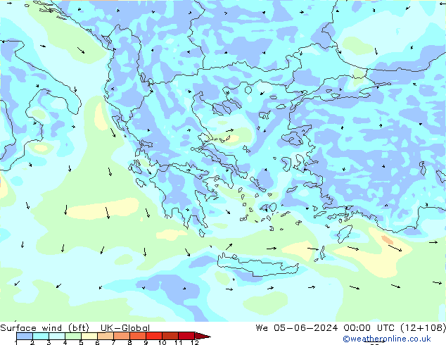 Viento 10 m (bft) UK-Global mié 05.06.2024 00 UTC