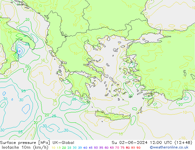 Isotachs (kph) UK-Global Su 02.06.2024 12 UTC