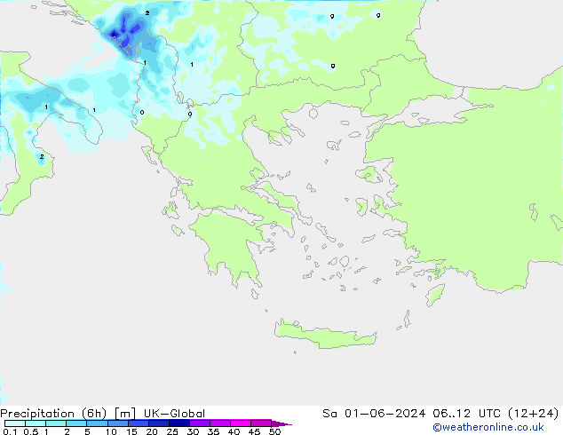 Précipitation (6h) UK-Global sam 01.06.2024 12 UTC