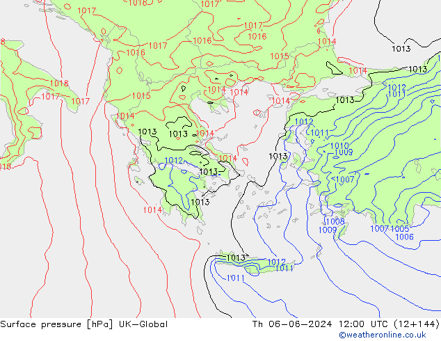 Pressione al suolo UK-Global gio 06.06.2024 12 UTC