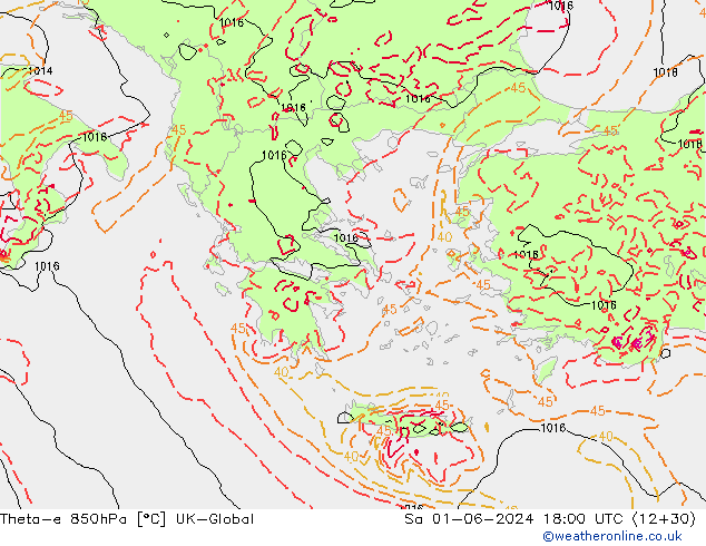 Theta-e 850гПа UK-Global сб 01.06.2024 18 UTC