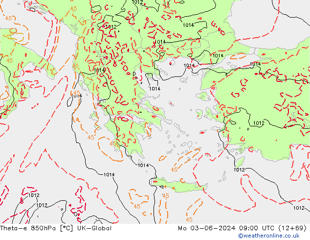 Theta-e 850hPa UK-Global Mo 03.06.2024 09 UTC