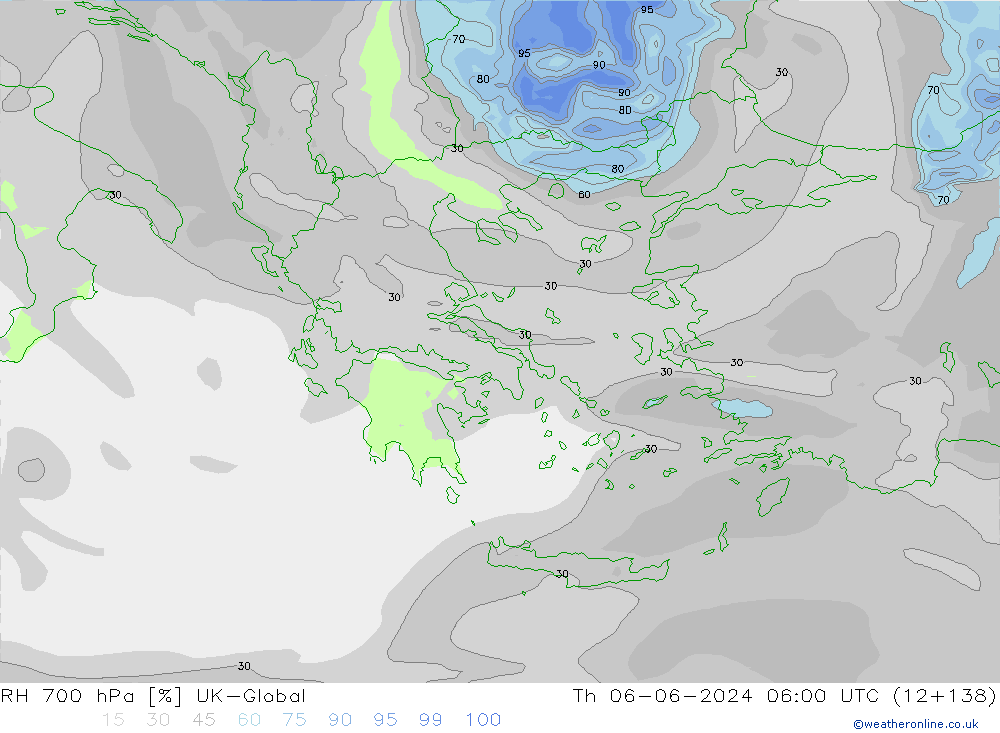 RH 700 hPa UK-Global Th 06.06.2024 06 UTC