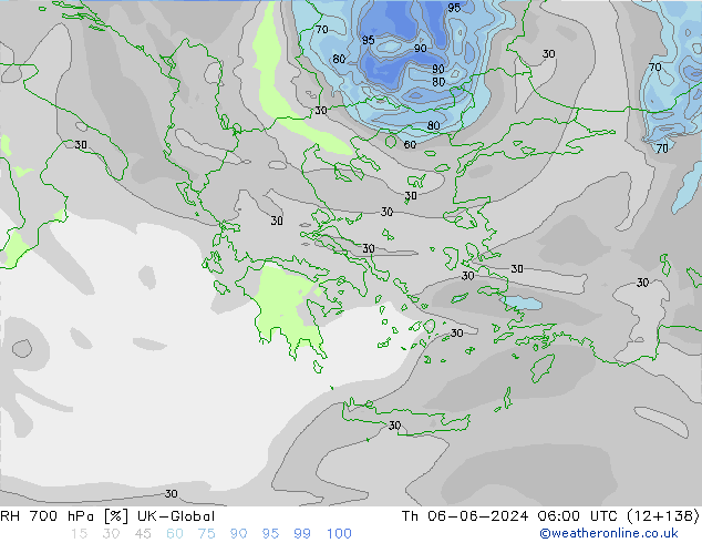 RH 700 hPa UK-Global Th 06.06.2024 06 UTC