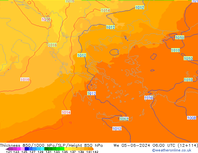 Espesor 850-1000 hPa UK-Global mié 05.06.2024 06 UTC