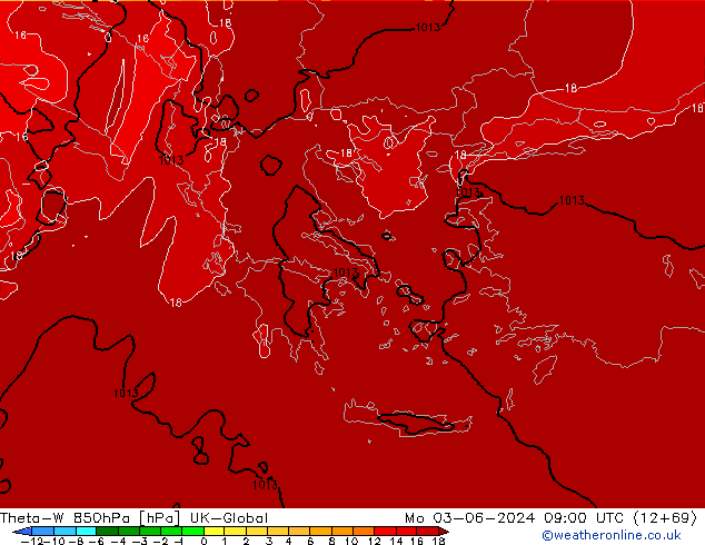 Theta-W 850hPa UK-Global Po 03.06.2024 09 UTC