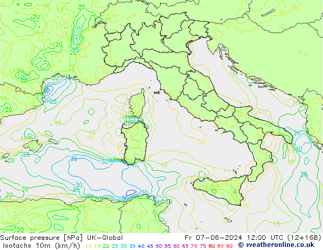 Isotachs (kph) UK-Global Fr 07.06.2024 12 UTC