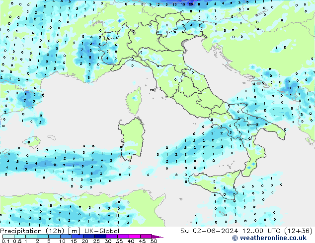 Precipitation (12h) UK-Global Su 02.06.2024 00 UTC