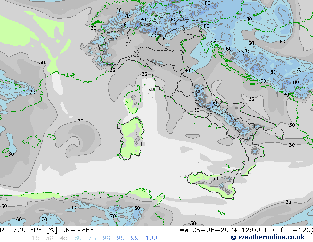 Humedad rel. 700hPa UK-Global mié 05.06.2024 12 UTC