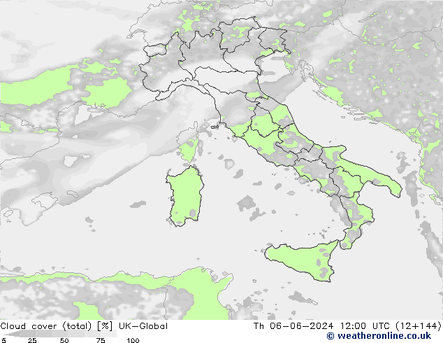 Cloud cover (total) UK-Global Čt 06.06.2024 12 UTC