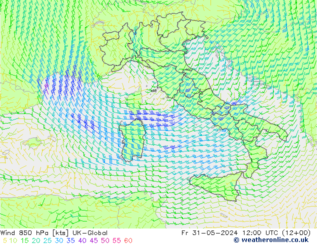 Wind 850 hPa UK-Global vr 31.05.2024 12 UTC