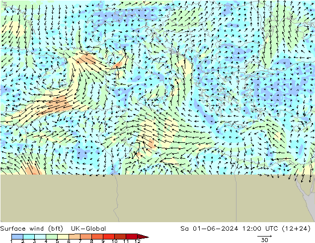 Vento 10 m (bft) UK-Global sab 01.06.2024 12 UTC
