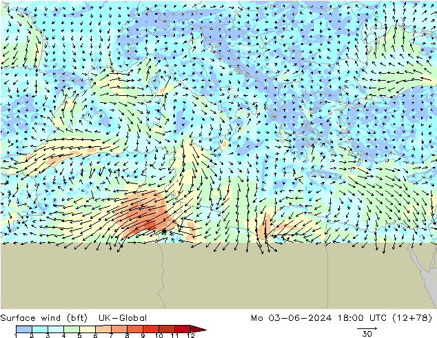 Surface wind (bft) UK-Global Mo 03.06.2024 18 UTC