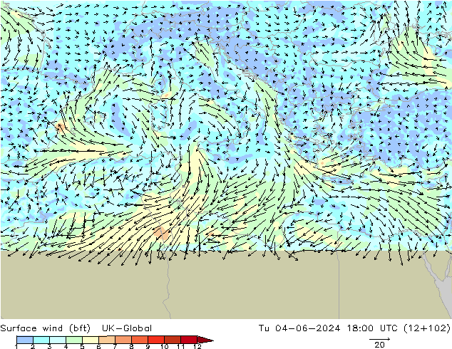 wiatr 10 m (bft) UK-Global wto. 04.06.2024 18 UTC