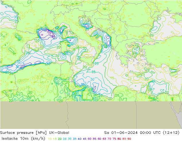 Isotachen (km/h) UK-Global Sa 01.06.2024 00 UTC