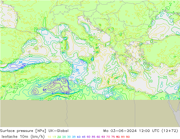 Isotachen (km/h) UK-Global Mo 03.06.2024 12 UTC