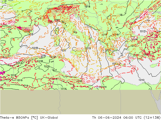 Theta-e 850hPa UK-Global Čt 06.06.2024 06 UTC